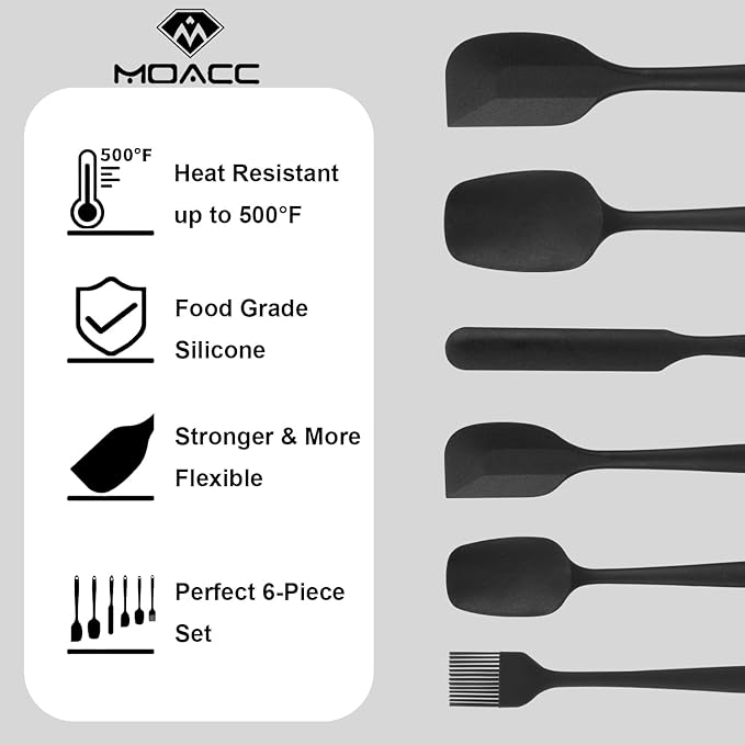 Silicone Spatulas Set of 6, Rubber Spoon Spatula Heat Resistant Spoonula One Piece Design Seamless Spatula Non-Stick Scrapers Baking Mixing Tool (Black)