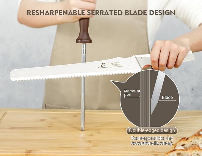 Resharpenable Bread Knife for Homemade Bread, 11.6-Inch Multifunction Serrated Knife with 5 Thickness Adjustable Slicing Guide, Stainless Steel Bread Cutter, Razor Sharp for Sourdough, White