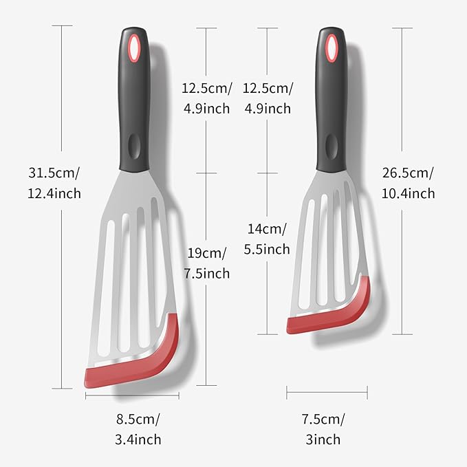 2Pack Silicone Fish Spatulas for Nonstick Cookware,Fish Turner Spatula Stainless Steel with Heat Resistant Silicone Edge,Metal Slotted Spatula for Flipping Fish Egg Patties Fries Pancake Steak (Red)
