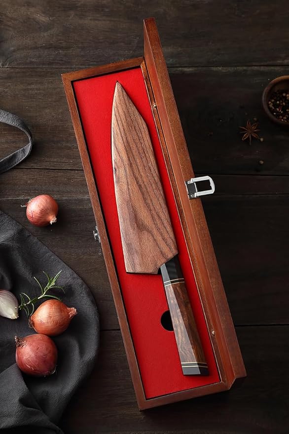 XINZUO 8.5 Inch Japanese Kiritskue Chef Knife, Professional Chef Knife,Damascus Kitchen Knife for Chefs and Home Cooking, Desert Ironwood Handle, Walnut Magnetic Wooden Sheath, Acacia Wood Box Package