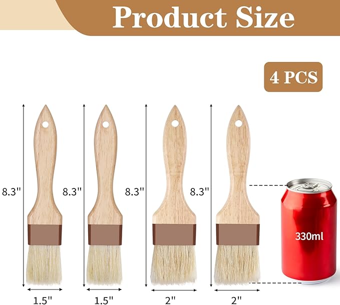 4 Pcs Natural Bristle Pastry Brush, Beech Wooden Handle Basting and BBQ Brushes for Cooking, Butter, Oil, Marinade, Grilling & Baking, Kitchen Food Brush (1.5 inch & 2 inch)