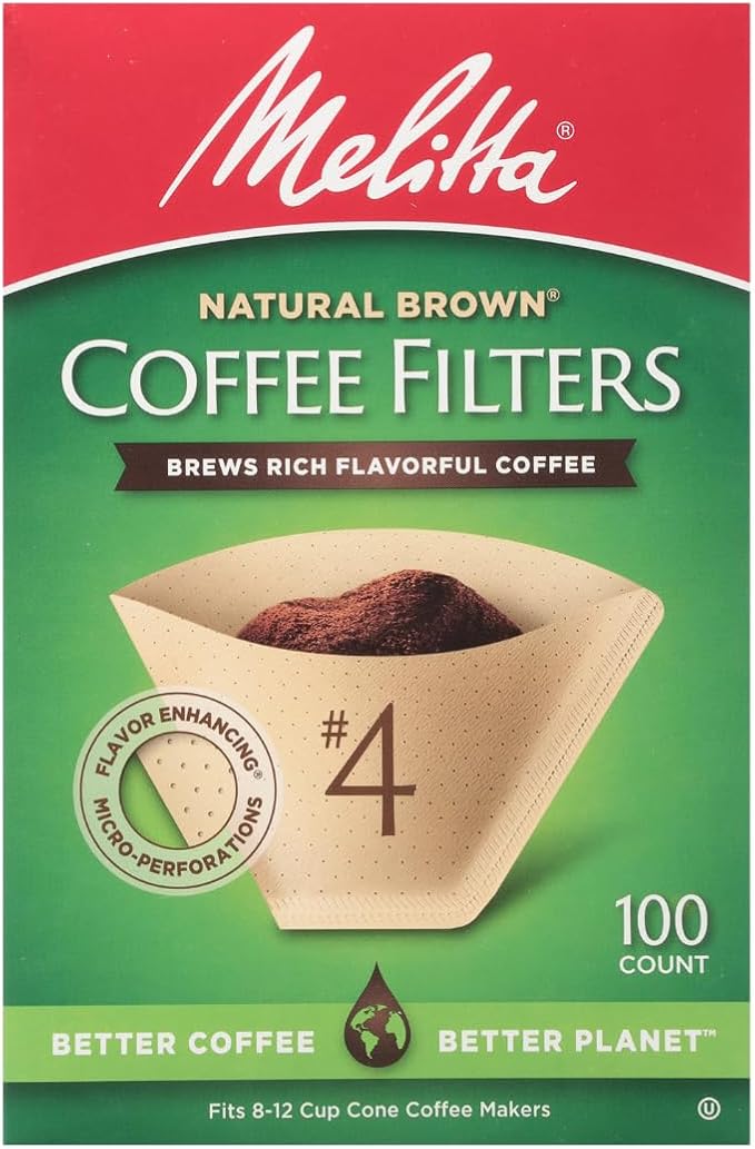 Melitta #4 Cone Coffee Filters, Natural Brown, 100 Count (Pack Of 6), 600 Total Filters - Fits all 8-12 Cup Cone Coffee Makers and Pour-Overs, Compostable, Tear-Resistant, Made in USA