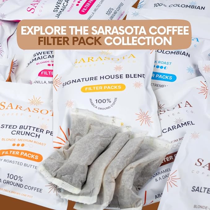 Ground Flavored Coffee In Filter Packs | Medium Roast Low Acid Mold Free Pouches | Sampler Packets | Salted Caramel Gourmet Powder Bags for 10-12 Cup Drip Maker | Highest Rated Individual Premeasured Coffee