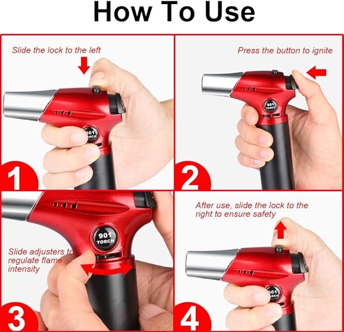 Blow Torch, Professional Kitchen Cooking Torch with Lock Adjustable Flame Refillable Mini Blow Torch Lighter for BBQ, Baking, Brulee Creme, Crafts and Soldering(Butane Gas Excluded)