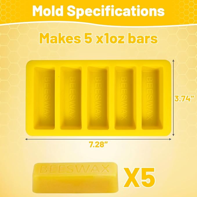 Silicone Beeswax Mold, Makes 5 x 1 OZ Wax Bars with The Word Beeswax Embossed, Reusable Beeswax Bar Mold, Reusable, Easy Release, Reusable Silicone Molds for DIY Soap, Candle, Wax Block Crafting