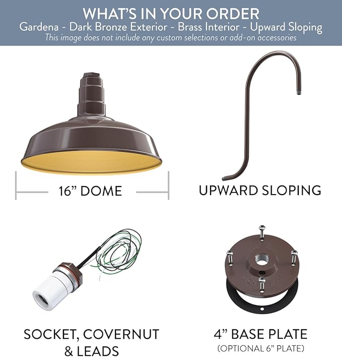 Steel Lighting Co. Gardena Barn Light | Outdoor Wall Mounted | 16" Dome | Upslope Gooseneck | Farmhouse Light Made in America | Dark Bronze Exterior/Brass Interior
