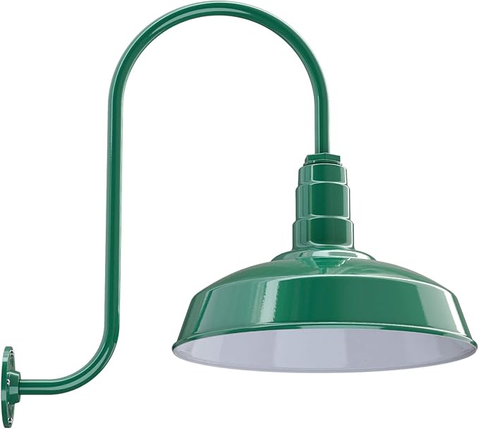 Steel Lighting Co. Gardena Barn Light | Outdoor Wall Mounted | 16" Dome | Upslope Gooseneck | Farmhouse Light Made in America | Green Exterior/White Interior