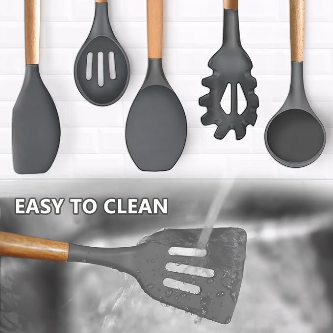 Kitchen Cooking Utensils Set, 6Pcs Silicone Kitchen Utensils Set Spatula Spoon Soup Ladle Turner, Heat Resistant Wooden Handle Silicone Cooking Gadgets for Nonstick Cookware & Baking BPA FREE