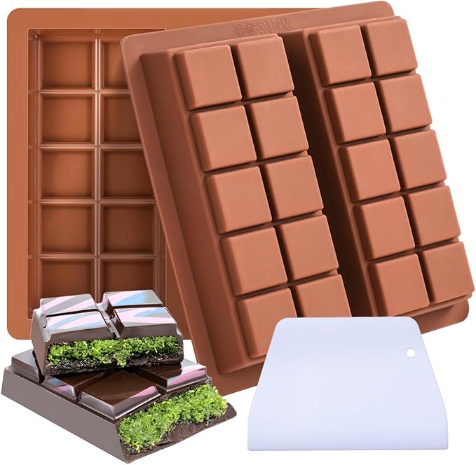 FUNBAKY Dubai Silicone Chocolate Bar Mold - 1-Inch Deep Cavities, Large Thick Candy Bar Mold, Ideal for Filling Pistachio Chocolate, Includes Scraper, 2 Pack