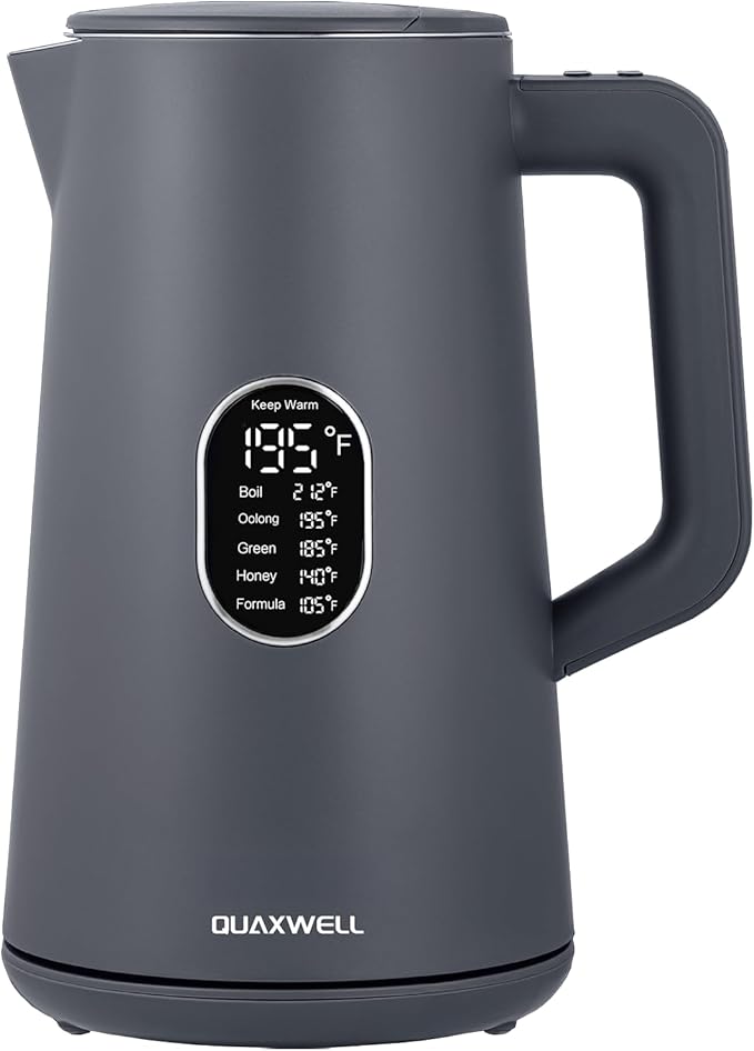 1.5L Electric Kettle Stainless Steel, Double Wall Cool Touch Teapot, Fast Boil,5 Temperature Control, LED Display, Auto Shut-Off, BPA-Free,Keep Warm Function, Ideal for Tea & Coffee,Gray