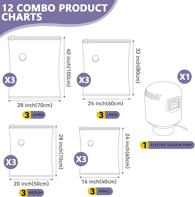 12 Pack Vacuum Storage Bags, Space Saver Bags, for Comforters and Blankets, Plush Toy, Vacuum Seal Bags for Clothing (3 Jumbo/3 Large/3 Medium/3 Small) Vacuum Bags with Pump Electric