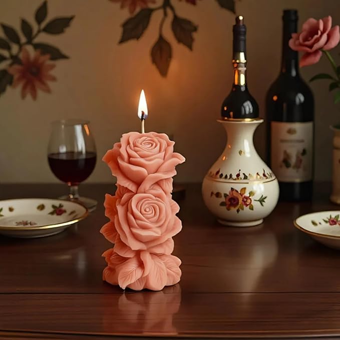Floral Column Candle Mold with 50pcs Wax Core, Aroma Candle DIY Mold, Handmade Candle Making Supplies, Romantic Scented Candle Silicone Mold Valentine's Day, Personalized Romantic Crafts(A-Flower)