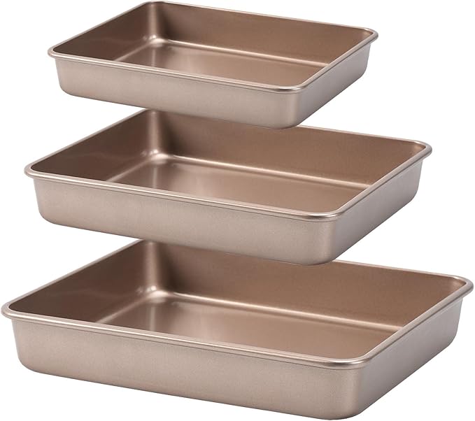 Nonstick Roasting Pan, Deep Baking Pan Set, Large Cake Pan Sets for Oven, 3-Piece Brownie Pan （Gold）