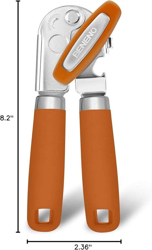 Beneno Heavy Duty Hand Can Opener Manual with Magnet, Durable Sharp Carbon Steel Blade Smooth Cutting, Big Effort-Saving Knob, Soft Grip Handle, Multifunctional Kitchen Tool with Bottle Opener, Orange