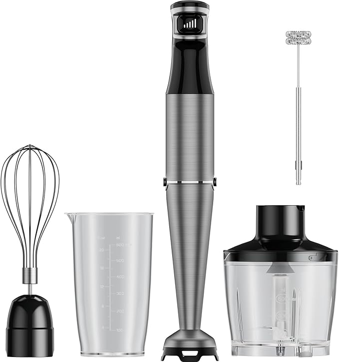 Immersion Blender handheld Powerful 1000W 5 in 1 Hand Blender Corded Hand Mixer Heavy-Duty Stainless Steel Blades Handheld Blender with Milk Frother, Egg Whisk, 600ml Beaker, 500ml Chopper