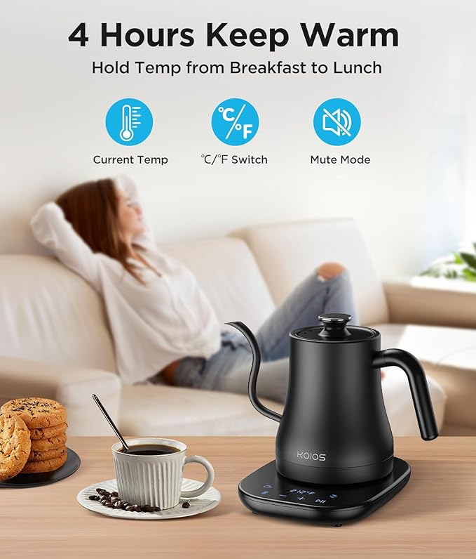 Gooseneck Electric Kettle with Temperature Control, 27oz/0.8L Fast Heat Electric Kettle for Pour Over Coffee/Tea, Auto Shut Off & Boil-Dry Protection, 4hrs Keep Warm, Stainless Steel Inner,Matte Black