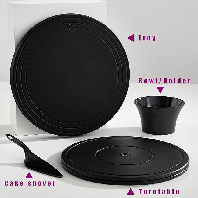 Cake Stand, 12'' Rotating Cake Turntable Revolving Cake Spinner Stand Cake Decorating Kit Display Stand Bamboo Fiber Turns Smoothly Painting Turn Table Stand for Pastries, Cupcakes(Black, L)