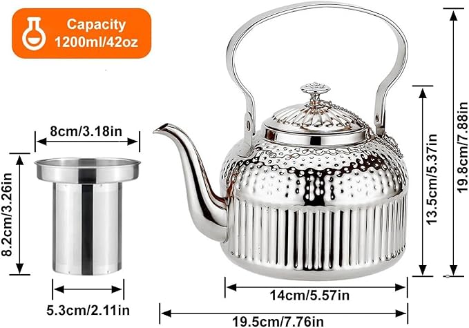 SANQIAHOME Antique 1.2L (40Oz) Stainless Steel Teapot with Infuser Silver