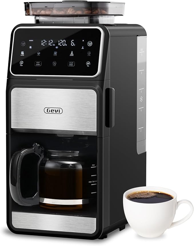 Gevi 10 Cup Drip Coffee Maker with Built-in Grinder, Grind ＆ Brew Burr Combo Coffee Machine with Touch Screen, Programmable, 4-Hour Warm Plate, Permanent Filter, Coffee Carafe