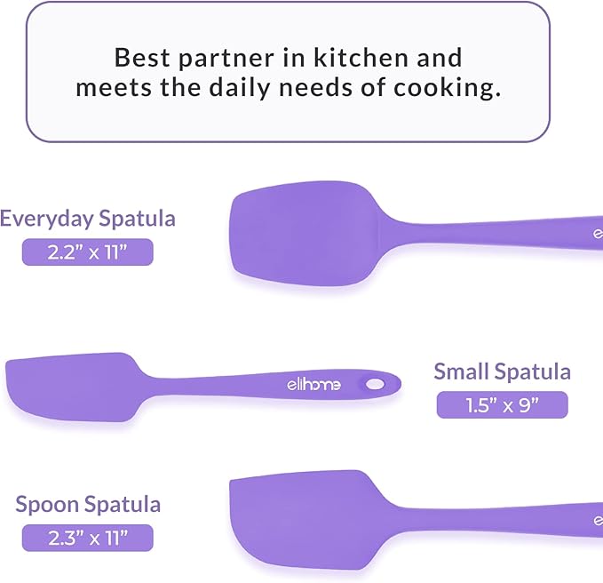 Elihome Chef Series 3 Piece Silicone Spatula Set - 600°F Heat Resistant Non Stick Rubber Kitchen Scraper Spatulas for Cooking, Baking, and Mixing – BPA Free and LFGB Certified Silicone, Purple Color