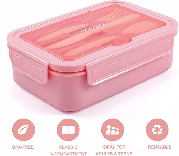Caperci Classic Bento Box Adult Lunch Box for Older Kids - Leakpoof 47 oz 3-Compartment Lunch Containers for Adults and Teens, Built-in Utensil Set, Ideal for On-the-Go Balanced Eating, Pink