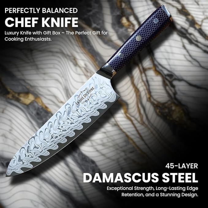 AUS-10 Damascus Chef Knife – 8 Inch Japanese Kitchen Knife, 67-Layer Steel, Ultra-Sharp Blade, Ergonomic Blue Resin Handle, Gift Box Included