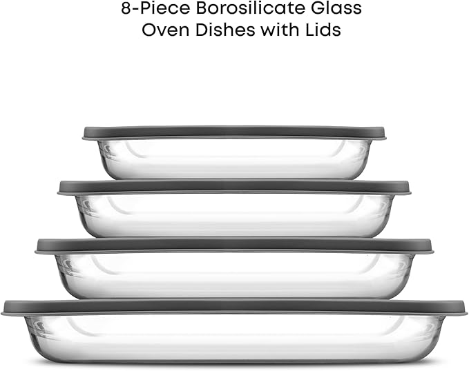 JoyJolt 8-Piece Borosilicate Glass Oven Dishes with Black Lids, Rectangle Deep Glass Baking Dish Set, Baking Pans for Lasagna Casserole Cake, Bakeware Set, Freezer to Oven Tray to Dishwasher