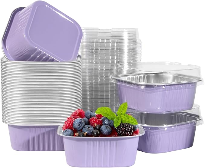 50 Pcs Mini Square Baking Cups with Lids,10oz Aluminum Foil Mini Cake Pans with Lids,Disposable Ramekins Cake Pans,300ml Dessert Cups Cupcake Pans for Wedding Birthday Party,Purple