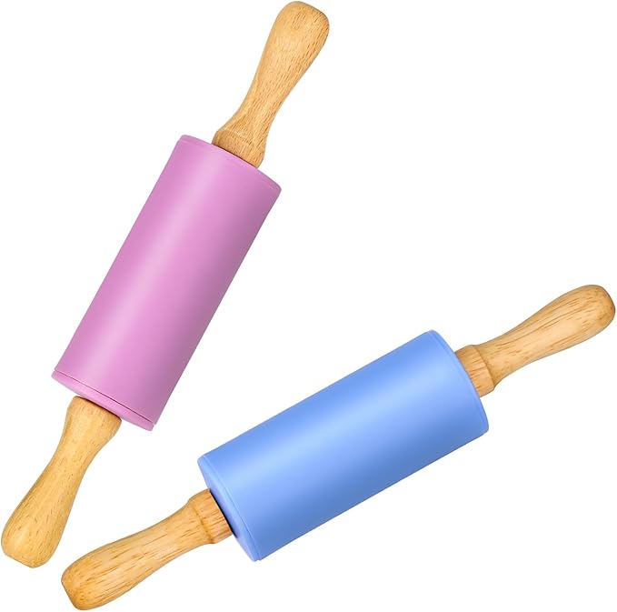 Mini Silicone Rolling Pin for Kids, Non-stick Surface Wood Handle, 9 Inch 2 Pack