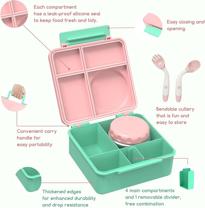 Bento Box for Kids - Leak-Proof Bento Lunch Box with Insulated Thermos Food Jar - 4 Compartments, 1 Removable Divider, 1Spoon, 1 Fork - Dishwasher Safe, BPA-Free (Light pink)