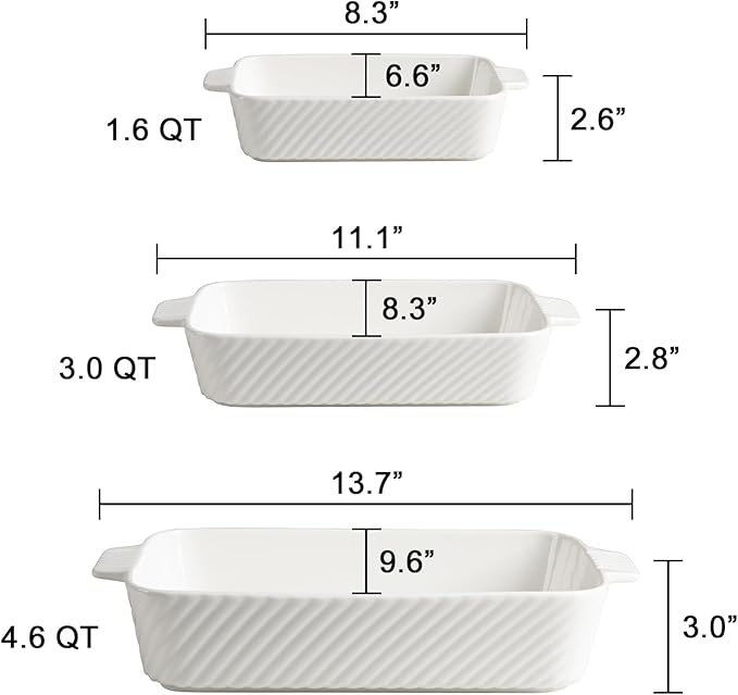 Sweejar Ceramic Baking Dish Set, Cake Baking Dish for Brownie, Porcelain Striped Casserole Dishes for Oven with Handle for Lasagna, Family Dinner(White)
