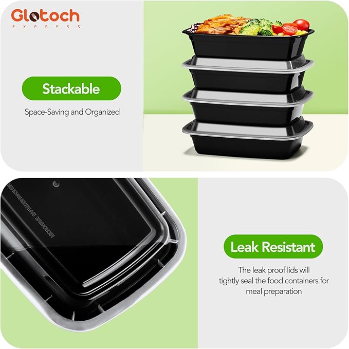 Glotoch 34oz Meal Prep Containers, 10 Pack (20-Piece) Reusable Food Prep Containers with Lids Microwave, Freezer, Dishwasher Safe Leakproof Durable Plastic Food Storage Lunch Box To Go Take Out