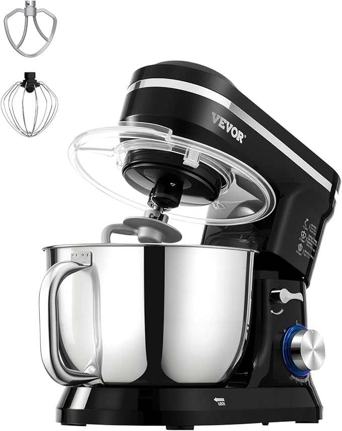 VEVOR Stand Mixer, 5QT Dough Mixer, 10+P Speeds Tilt-head Food Mixer, Kitchen Mixer with Stainless Steel Bowl, Dough Hook, Wire Whip, Beater, Scraper, Household Stand Mixer for Baking Mixing, Black