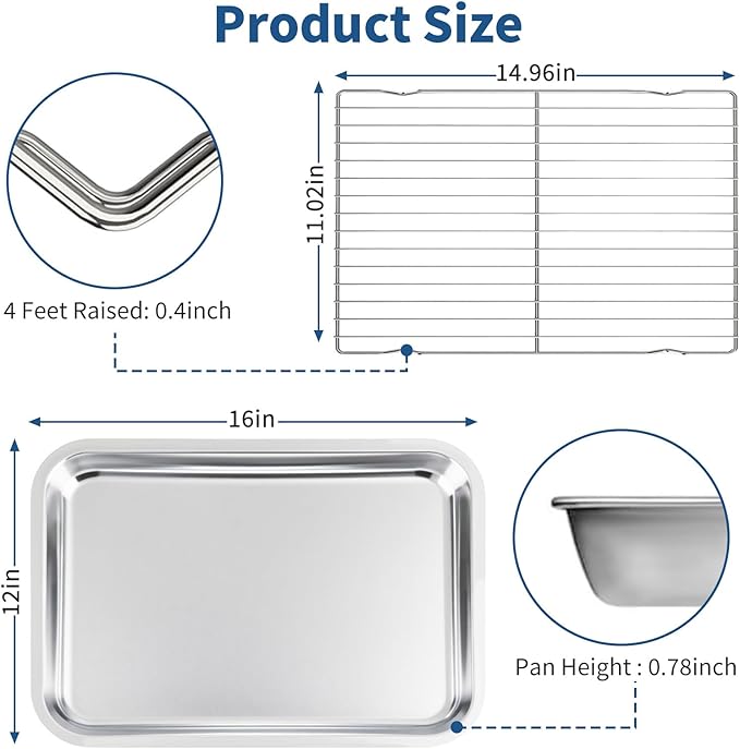 Baking Sheet with Rack Set of 4 (2 Pans + 2 Racks), 16 x 12 x 1 Inch Stainless Steel Cookie Pan with Cooling Rack, Non Toxic & Dishwasher Safe & Easy Clean for Baking, Cooling, Meats, Veggies