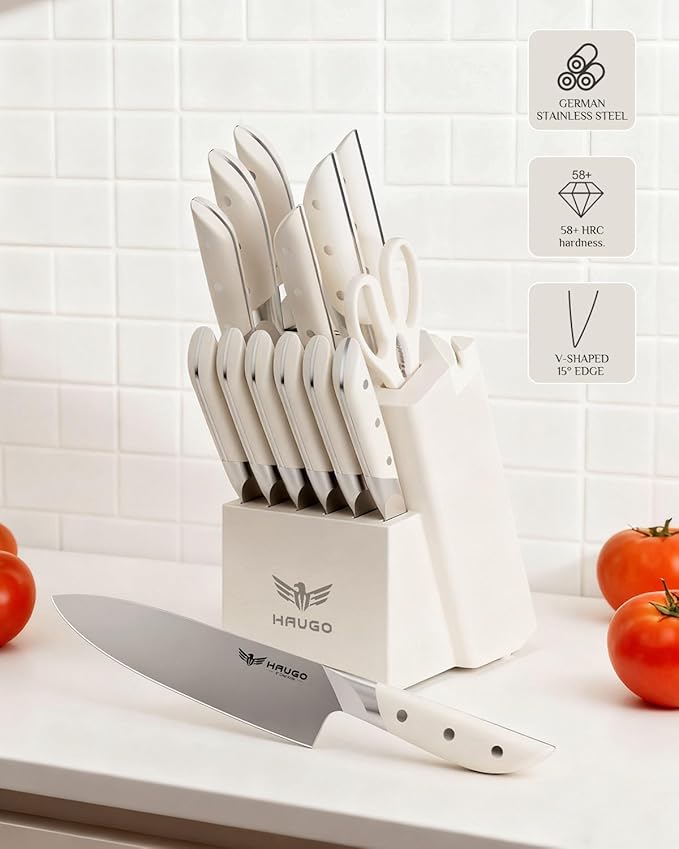 Knife Set - Haugo 14 PCS German Stainless Steel Kitchen Knife Sets with Block and Sharpener - Full Tang Knife Block Set and Ergonomic Handle - Elegant White- Obsidian Series