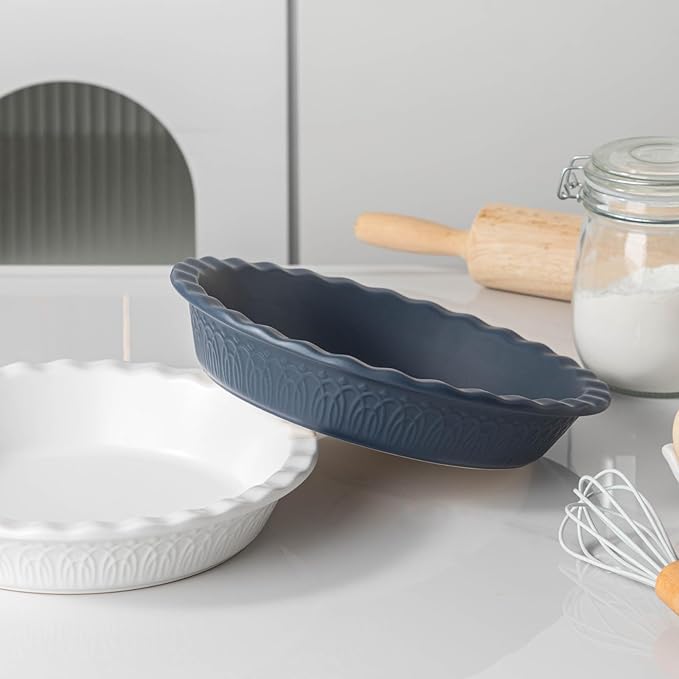 Fun Elements Ceramic Pie Pan, 9 Inch Pie Dish for Baking, Ruffled Pie Plate, Non-Stick Deep Dish Pie Pan for Apple Pie and Pot Pie, Set of 2, Blue