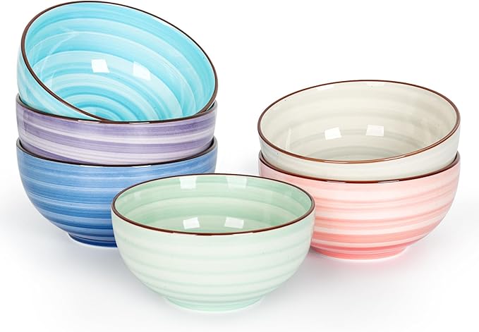 KitchenTour Dessert Bowls Set of 6, 12 OZ Ceramic Cereal Bowls for Kitchen, 4.7 Inch Small Bowls for Snack, Fruit, Ice Cream - Microwave & Dishwasher Safe, Assorted Warm Colors