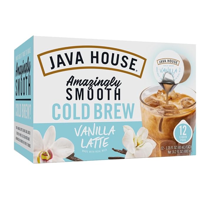 JAVA HOUSE French Vanilla Latte Cold Brew Coffee Pods, (12 Count) Peel and Pour Pods Hot or Iced