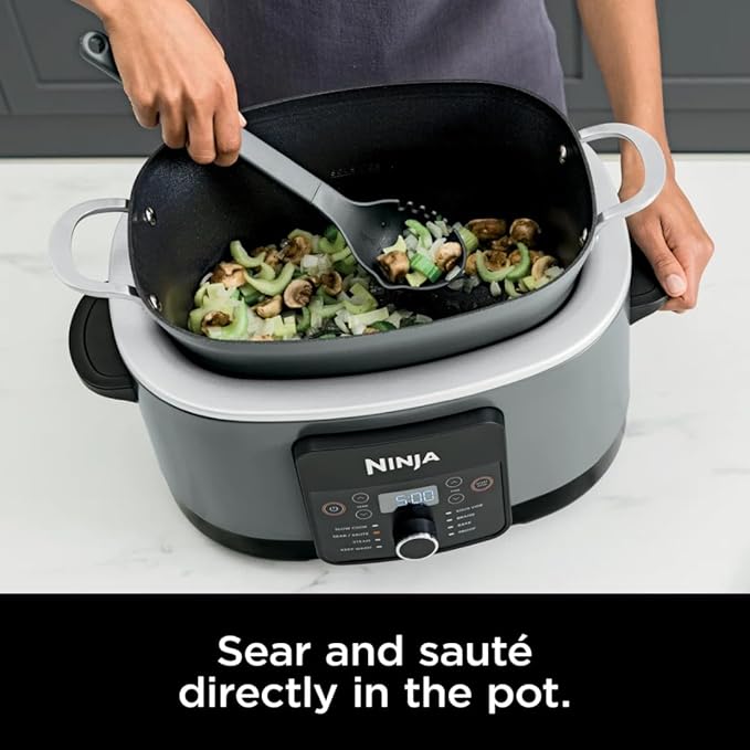 Ninja Foodi 8-in-1 Everyday Possible Cooker PRO 8.5-Quart Multi-Cooker with Glass Lid, Slow Coorker Integrated Spoon, and Non-Stick, Oven-Safe Pot,Sea Salt Grey