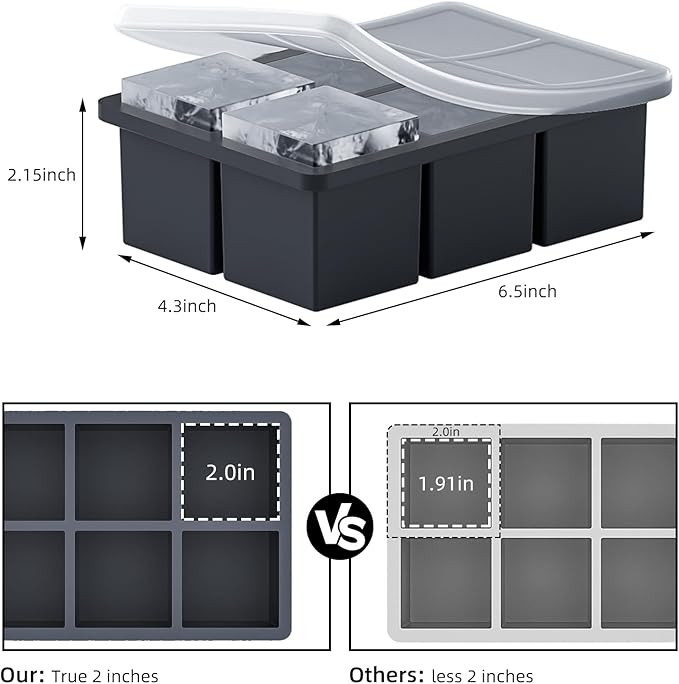 Large Ice Cube Tray for Whiskey, HANCELANT Big Silicone Square Ice Cube Mold with Removable Lid, 2'' Huge Square Ice Cubed Tray for Whisky and Cocktail