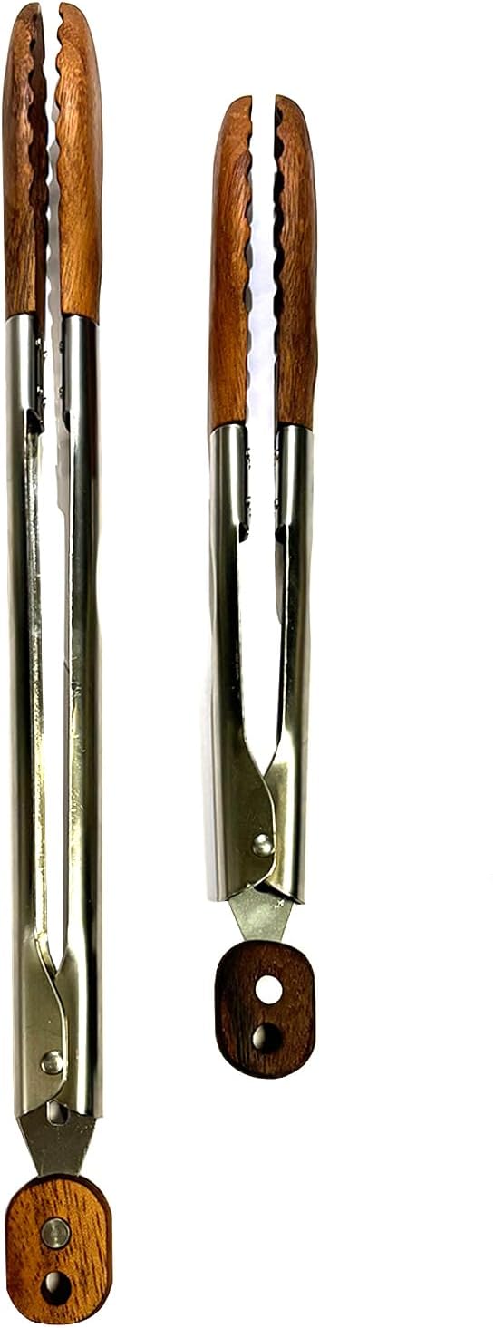 Lee's Clover Wooden Tongs for Cooking with Walnut Wood Tips & Stainless Steel Handle – Food & Kitchen Tongs for Serving, Salad, BBQ, Buffet, Grill (Large)