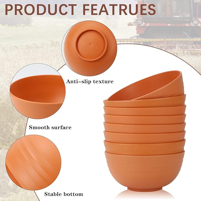 Homienly Wheat Straw Bowls Set, Unbreakable & Lightweight Microwave Safe Bowls for Soup, Cereal, Salad, 8-Piece Vibrant Soup Bowls for Kitchen, Family, Party, Picnic, Dishwasher Safe, 26 OZ(Orange)