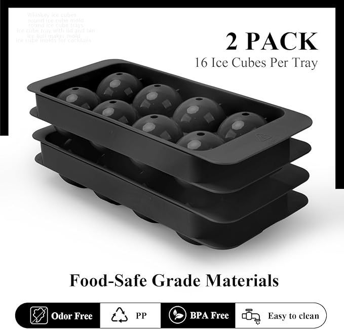 Whiskey Ice Cubes Mold,2 x 8 PCS x 1.8 inch Whiskey Ice Cubes,Circle Ice Cube Tray with Lid and Bin,Sphere Ice Ball Maker Mold,Round Ice Cube Mold for Cocktails(Whiskey Ice Cubes Mold,Black)