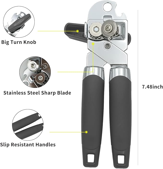 Can Opener Manual, Handheld Strong Heavy Duty Stainless Steel Can Opener, Comfortable Handle, Sharp Blade Smooth Edge, Can Openers with Multifunctional Bottle Opener, Gray