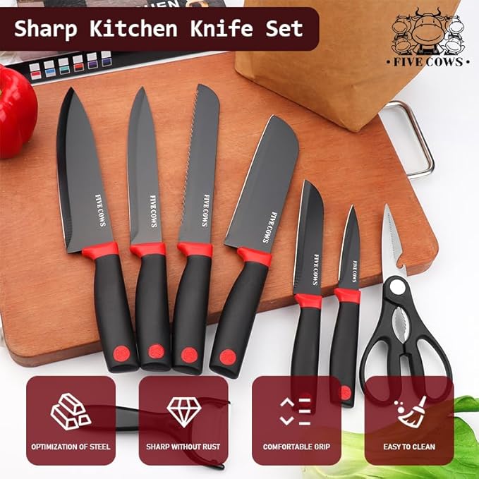 8-Piece Chef Knife Set - Ultra Sharp Premium German High Carbon Stainless Steel, Razor-Sharp & Durable, Lightweight Anti-Slip Handle, Professional Kitchen Knives with Gift Box (Red 8 Piece)