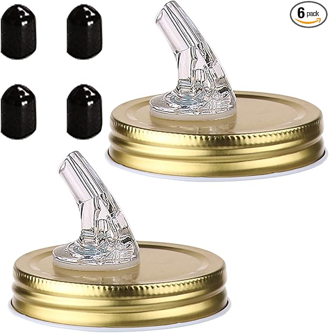 Mason jar pour spout. Free Flow Mason Jar Pour Spout, Mason Jar Regular Spout Dispenser For Any Liquid. Leakproof, Gold (2-Pack + 2 Black Lids)