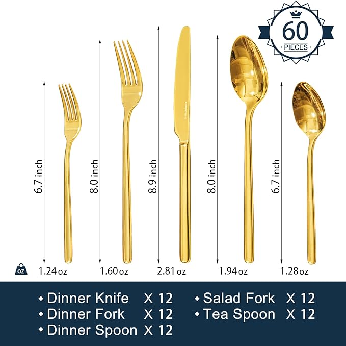 KINGSTONE Gold Silverware Set, 60 Piece Flatware Cutlery Set for 12, 18/10 Stainless Steel Silverware Mirror Polished Dishwasher Safe for Home, Restaurant, Wedding, Party(Gold, 60 pieces for 12)