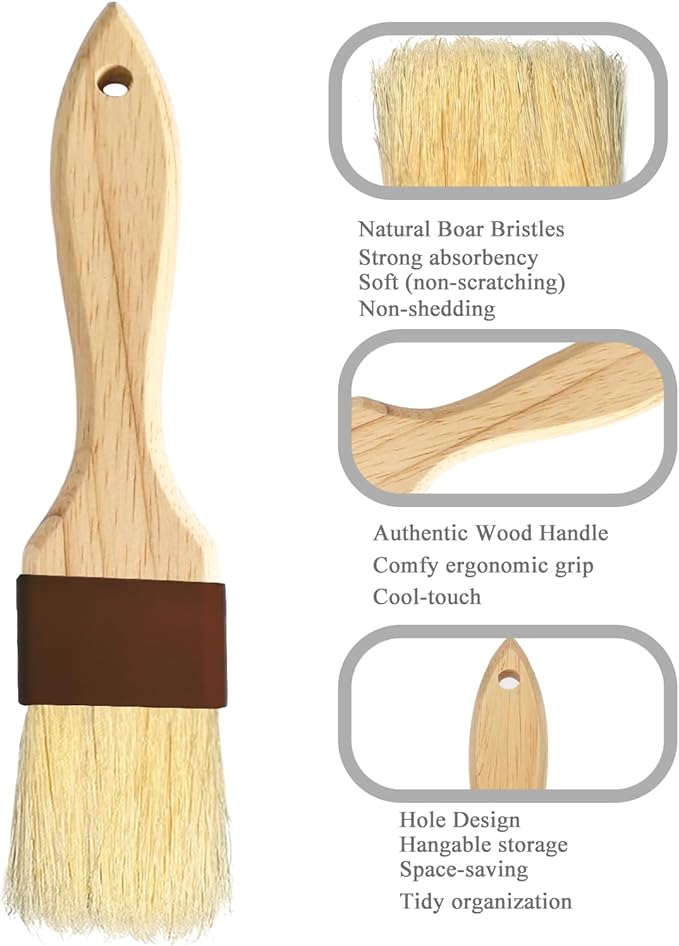 Basting Brush-Pastry Brush,Oil Brush for Cooking,Boar Bristles BBQ Brushes for Grill,Beech Wooden Handle Food Brush for Baking/Spreading Marinade/Sauce/Butter/Egg/Kitchen Baster Brushes(1.5 1 inch)