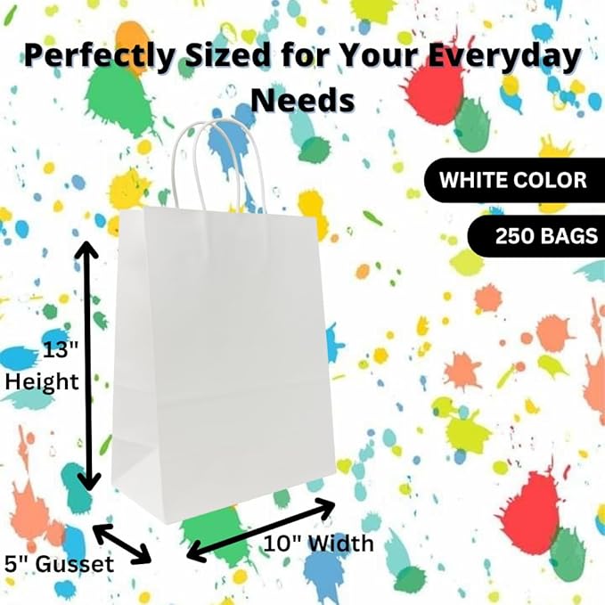 ASSUREPAK DIY Paper Bags - 250 units - White Color - 10"x5"x13"- 60LB (90 GSM strong) - Twisted Handle Recyclable Bags for Kids Drawing, Decorating and Creative Projects - 10513WHITEPAPTHDL