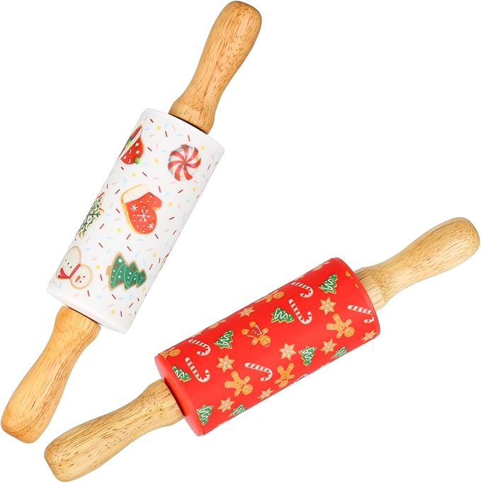 Mini Silicone Rolling Pin for Kids, Non-stick Surface Wood Handle, 9 Inch 2 Pack